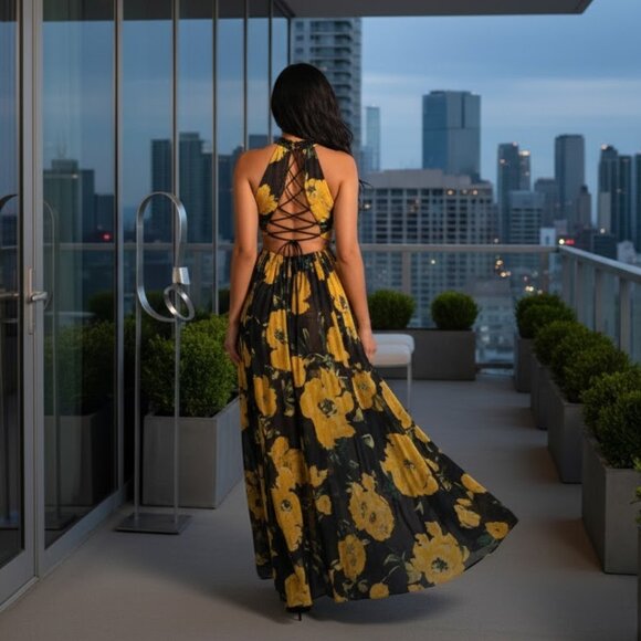 New Yellow Black Floral Double Slit Ruffle Cut out Open Back Lace Up Maxi Dress - Picture 3 of 9